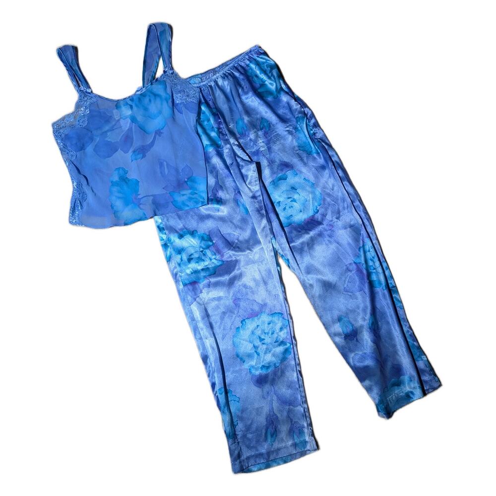 Vtg 1990s California Dynasty Blue Floral Sheer Top Satin Pants Pajama Set Sz M